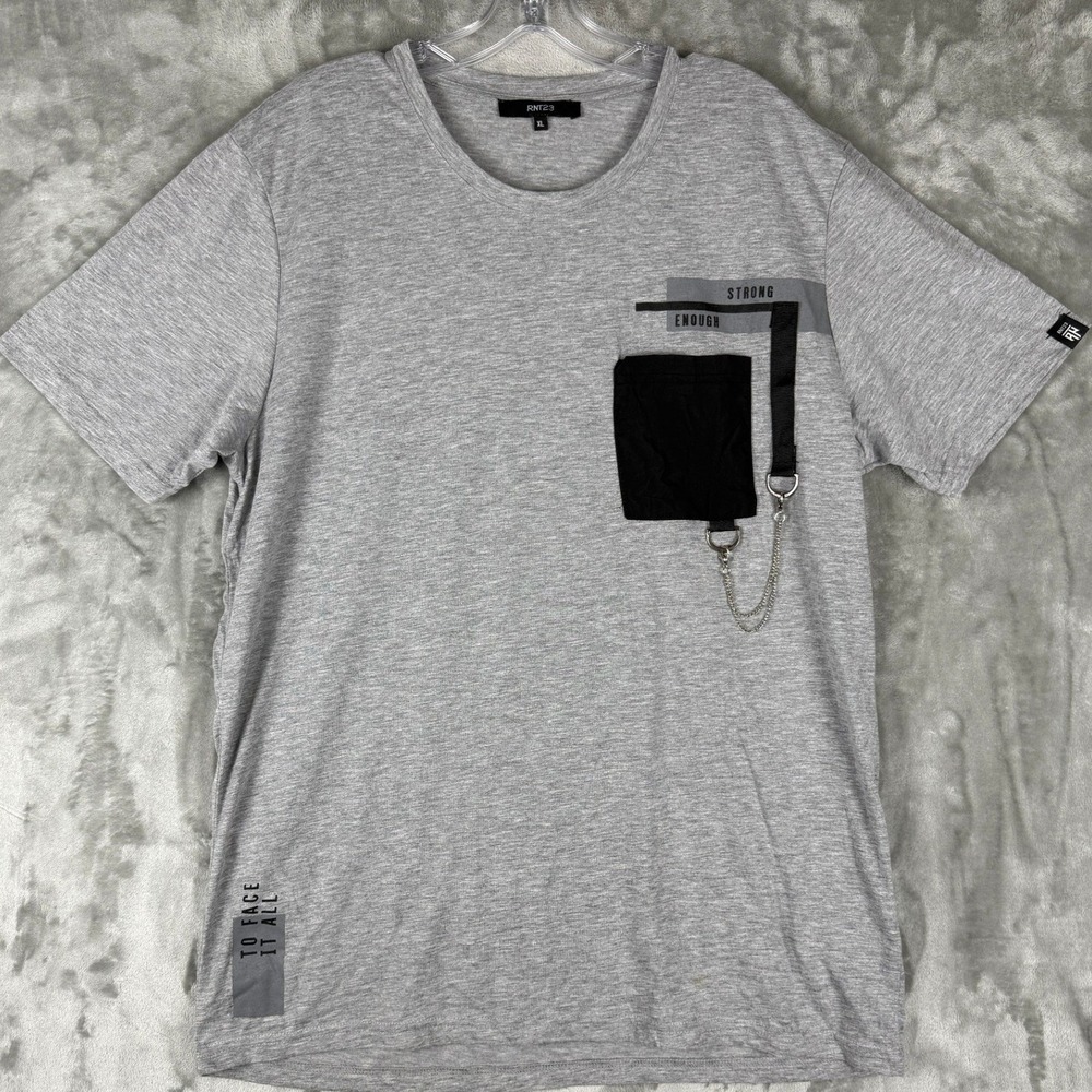 RNT23 Mens Graphic TShirt Grey XL Pocket Chain‎ "Strong Enough" "To Face It All"